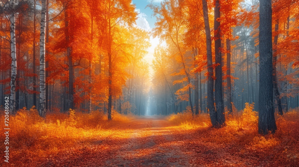  a path in the middle of a forest with bright yellow leaves on the trees and the sun shining through the trees on either side of the path is a dirt road.