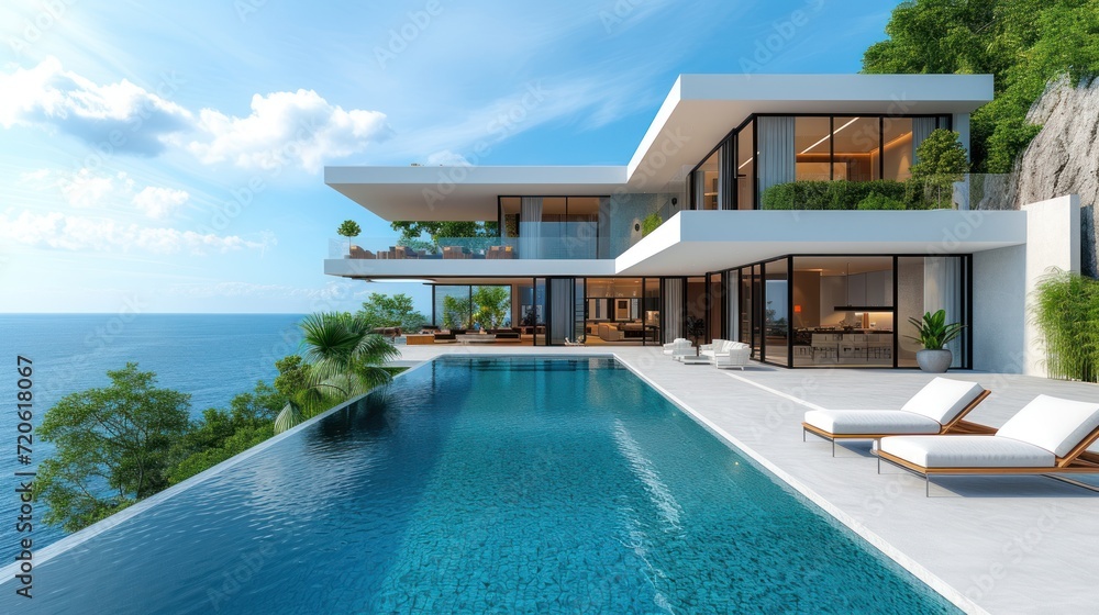  a large swimming pool with chaise lounges in front of it and a view of the ocean from the deck of a modern home on a cliff overlooking the ocean.