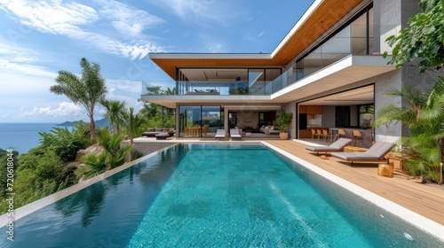  a large swimming pool in front of a large house with a view of the ocean and a deck with chaise lounges on the side of the swimming pool. photo