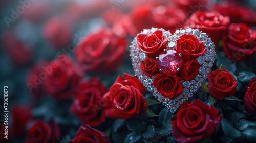  a bunch of red roses with a heart - shaped brooch surrounded by a bunch of smaller red roses with a diamond heart in the middle of the brooch.