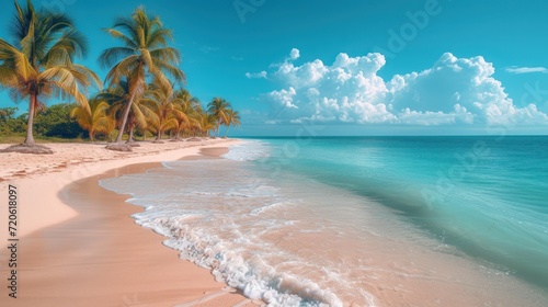  a sandy beach with palm trees on the shore and a blue sky with white clouds over the ocean and a sandy beach with a few waves coming in the foreground. © Jevjenijs