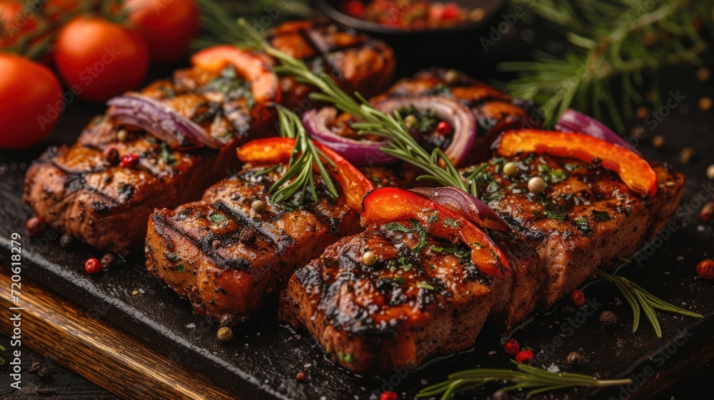 a close up of a plate of food with meat and veggies on a wooden table next to tomatoes and other food on a wooden table with a knife. a close up of a plate of food with meat and veggies on a wooden table next to tomatoes and other food on a wooden table with a knife.