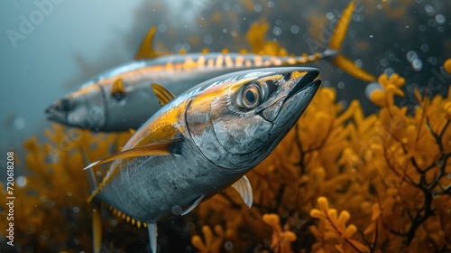  a close up of two fish on a body of water with plants in the foreground and water droplets on the bottom of the image and bottom half of the fish.