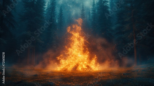  a large fire in the middle of a forest filled with lots of yellow and orange fire and smoke coming out of the top of it s sides of the fire.