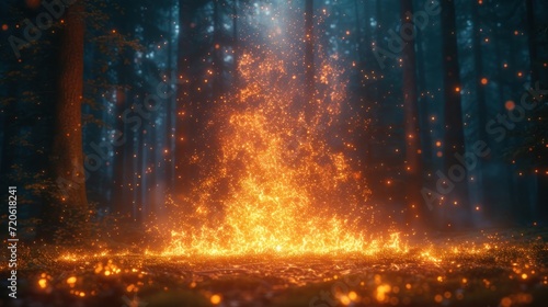  a fire in the middle of a forest filled with lots of bright yellow fire and glowing fireflies in front of a dark forest filled with lots of bright yellow fireflies. © Jevjenijs