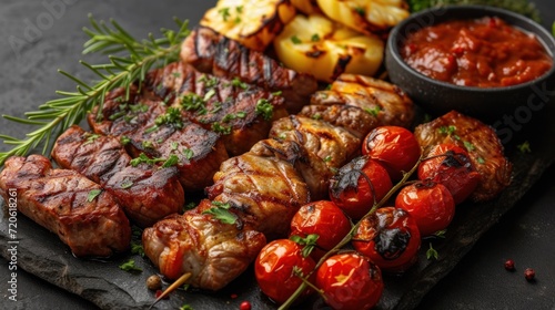  a close up of a plate of food with skewers of meat and veggies next to a bowl of sauce and a bowl of potato wedges.