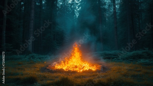  a fire in the middle of a forest filled with lots of green and yellow fire and smoke coming out of the top of it's flames, with trees in the background.