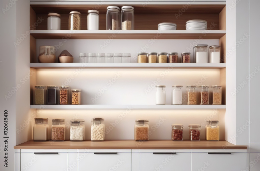 Storage organization at cupboard. Groceries in glass jars arranged on wall shelves. Organizing the kitchen pantry for foodstuff. Home design. Preserved foods, healthy eating, legumes, bulk items. Storage organization at cupboard. Groceries in glass jars arranged on wall shelves. Organizing the kitchen pantry for foodstuff. Home design. Preserved foods, healthy eating, legumes, bulk items.