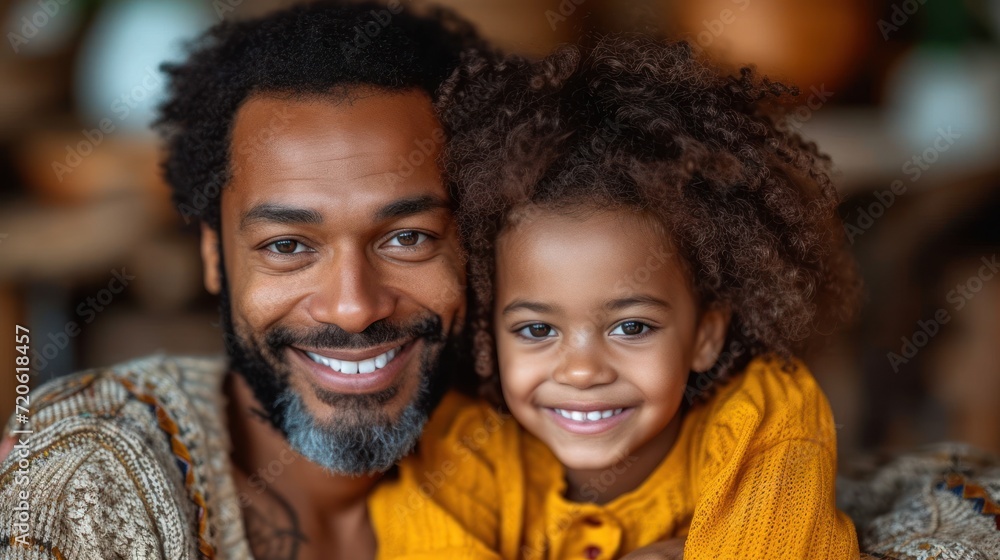 a man with a beard and a little girl with curly hair are smiling at the camera while they both have their arms around each other's shoulders and smiling. a man with a beard and a little girl with curly hair are smiling at the camera while they both have their arms around each other's shoulders and smiling.