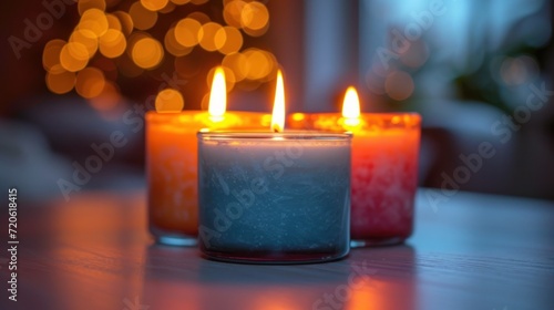  three lit candles sitting on a table in front of a christmas tree with a blurry boke of lights in the backround of the room in the background.