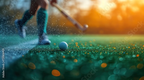  a close up of a person hitting a golf ball with a golf club on a green grass covered golf course with boke boke boke lights in the background.
