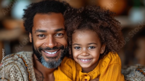  a man with a beard and a little girl with curly hair are smiling at the camera while they both have their arms around each other's shoulders and smiling.