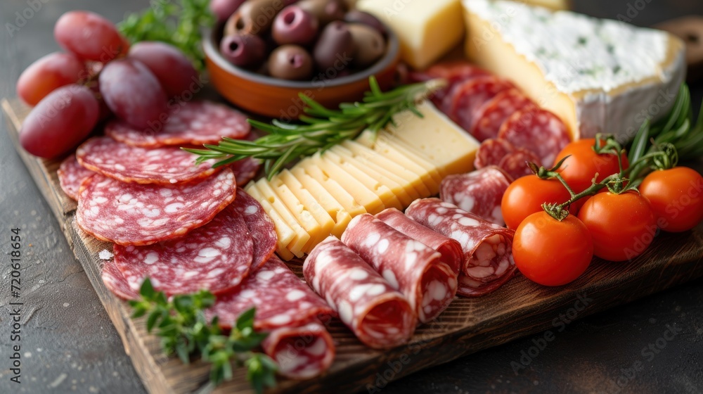  a platter of meats, cheeses, olives, tomatoes, and olives on a wooden cutting board with a bowl of olives and cheese.