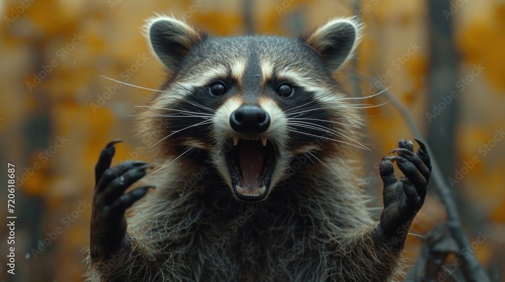  a close up of a raccoon with its mouth open and it's hands in the air with it's mouth open and it's mouth wide open.