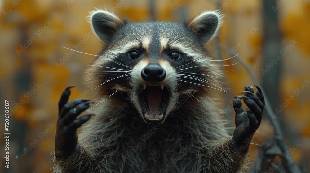 a close up of a raccoon with its mouth open and it's hands in the air with it's mouth open and it's mouth wide open. a close up of a raccoon with its mouth open and it's hands in the air with it's mouth open and it's mouth wide open.