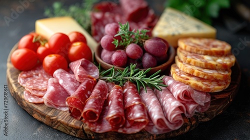  a platter of meats and cheeses on a wooden platter with tomatoes, cheese, olives, and other meats on a wooden platter.