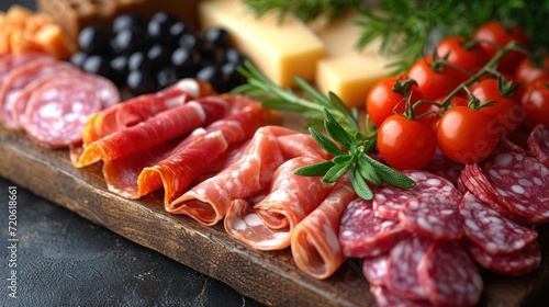  a variety of meats and cheeses are arranged on a cutting board with tomatoes, olives, cherrys, and parmesan cheese on the side.