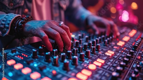  a close up of a person's hands on a sound mixing console in front of a set of sound mixing equipment in a dark room with red and blue lights.