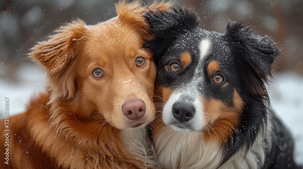  a couple of dogs standing next to each other on top of a snow covered ground with snow falling all over the top of the dogs and the dogs's faces.