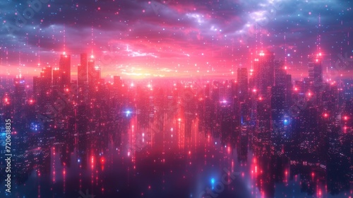  a digital painting of a city at night with bright lights and a reflection of the city in the water at the bottom of the image is a red and blue sky.
