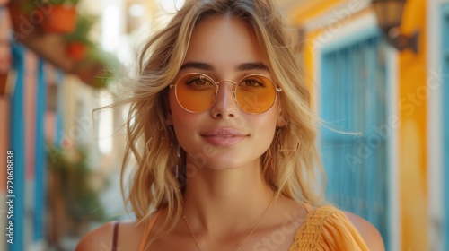  a close up of a person wearing a yellow shirt and some orange and blue buildings and a yellow and blue door and a woman with blonde hair wearing a yellow sunglasses. © Jevjenijs