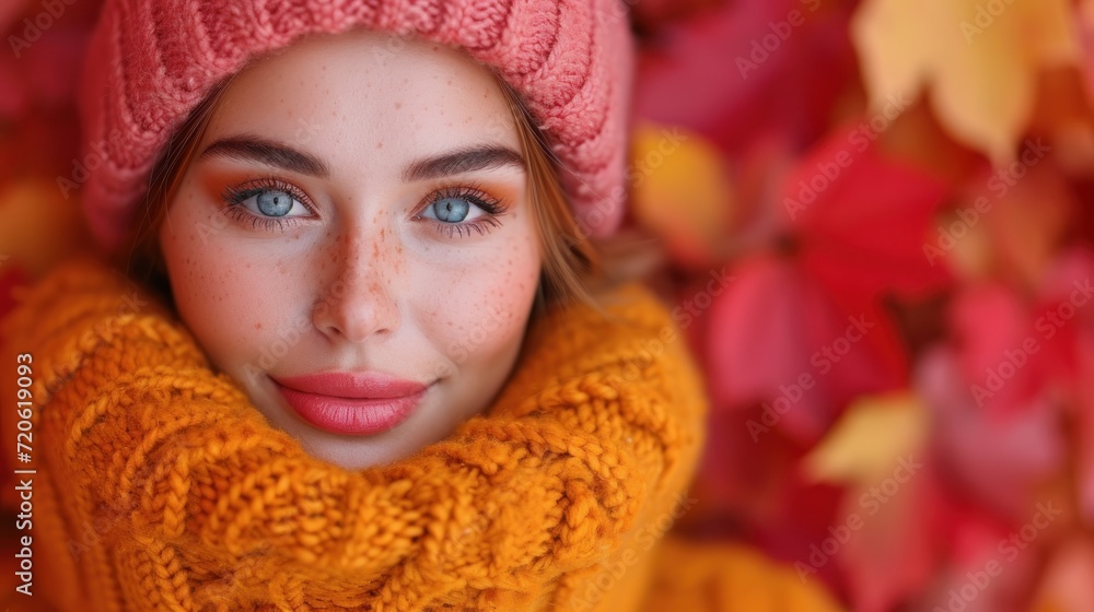 a close up of a woman with blue eyes wearing a yellow sweater and a pink knitted hat with a pink pom pom - pom on her head. a close up of a woman with blue eyes wearing a yellow sweater and a pink knitted hat with a pink pom pom - pom on her head.