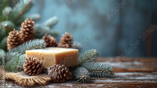  a piece of soap sitting on top of a wooden table next to pine cones and a pine cone on top of a wooden table next to a pine branch with cones.