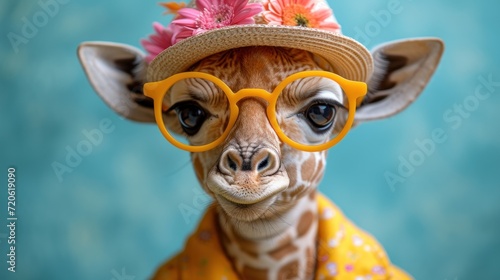  a giraffe with a hat  glasses and a flower on it s head is wearing a yellow jacket and a pink flower on it s head.