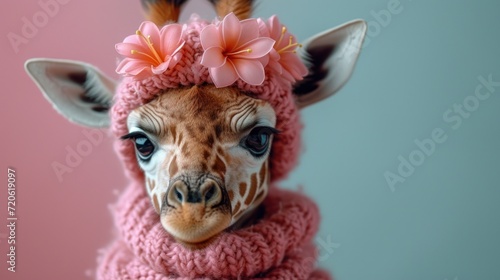  a giraffe wearing a pink sweater with a flower on it's head and a pink scarf around it's neck with a pink flower on it's head.