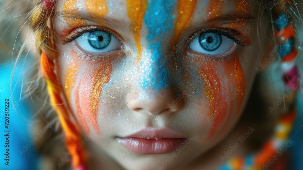  a close up of a young girl's face with a painted face and face paint on her face and eyes, with blue eyes, orange, yellow, orange, and blue, and pink, and white.