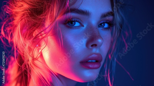  a close up of a woman's face with red and blue light coming out of her eyes and her hair blowing in the wind and her hair in the wind.