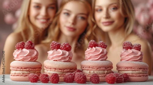  three beautiful young women sitting next to each other with macaroni and cheese and raspberries on top of the macaroni and cheese macaroni.