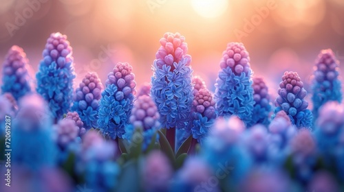  a close up of a bunch of blue flowers with a bright light in the backround of the picture in the backround of a blurry background.