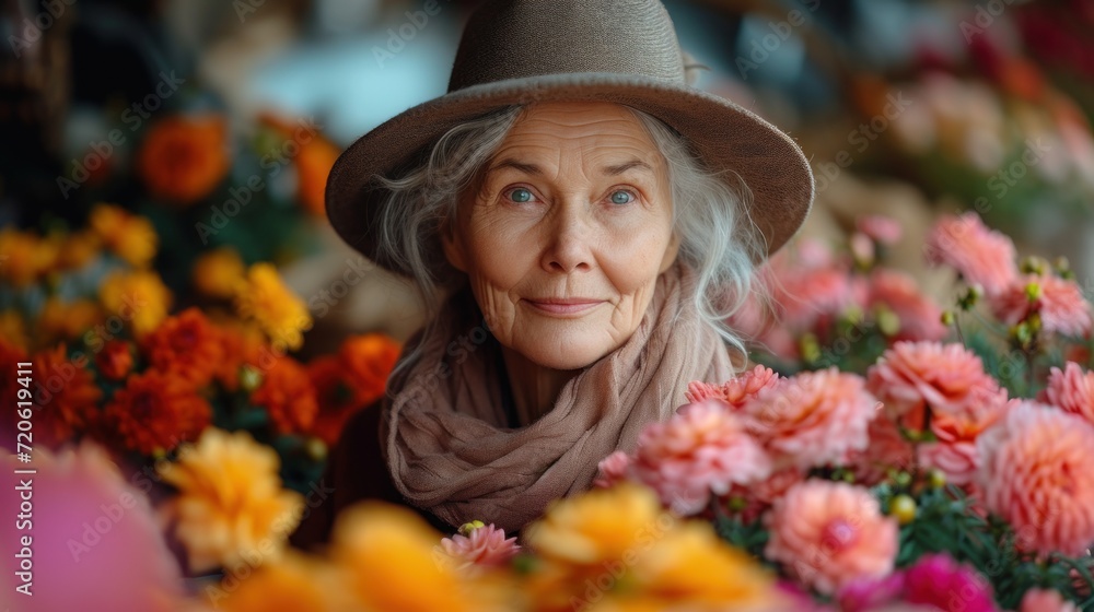  a woman wearing a hat and scarf standing in a field of flowers with her eyes wide open and looking at the camera with a wide open smile on her face.