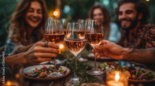  a group of people sitting at a table with wine glasses in front of them and a plate of food in front of them on a table with candles in the background.