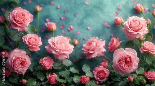  a group of pink roses with green leaves on a blue background with pink confetti florets in the foreground and pink petals in the foreground. © Jevjenijs