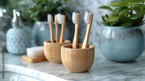  a group of toothbrushes sitting in a cup on a counter next to a potted plant and a blue vase with a green plant on the other side.