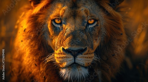  a close up of a lion s face in a field of tall grass with the sun shining on the lion s face and the lion s head.