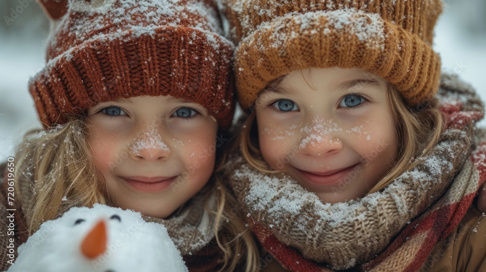 two young girls standing next to each other with a snowman in the foreground and a snowman on the right side of the two girls's heads. two young girls standing next to each other with a snowman in the foreground and a snowman on the right side of the two girls's heads.