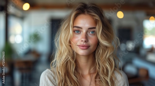  a close up of a woman with blonde hair and blue eyes looking at the camera with a blurry background of a restaurant with tables and chairs in the background. © Jevjenijs
