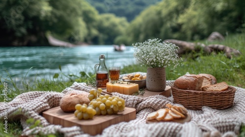  a picnic on the bank of a river with bread, grapes, cheese, and a bottle of beer on a blanket next to a river with a boat in the background.