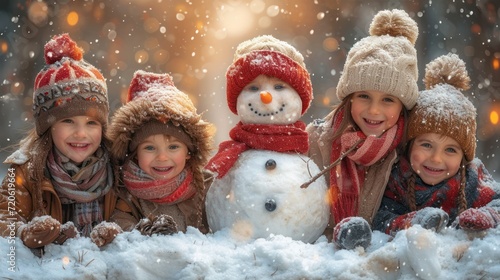  a group of three little girls standing next to a snowman in a pile of snow with a snowman in the middle of the picture and a snowman in the middle of the picture.