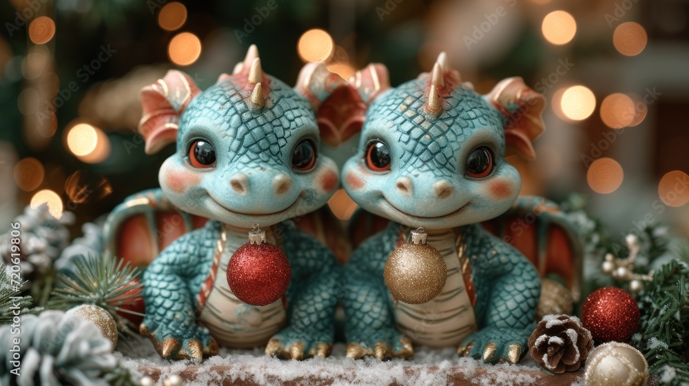  a couple of blue dragon figurines sitting next to each other on top of a pile of snow covered pine cones and a christmas tree with lights in the background.