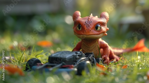  a toy lizard sitting in the grass next to a toy camera and a toy car with a camera on the ground in front of it and a toy car on the ground in the grass. © Jevjenijs