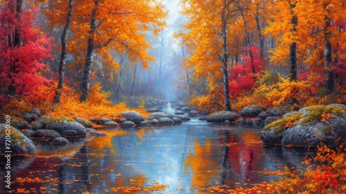  a painting of a river surrounded by trees with orange leaves on the ground and rocks in the water and a stream running through the center of the trees with orange leaves.