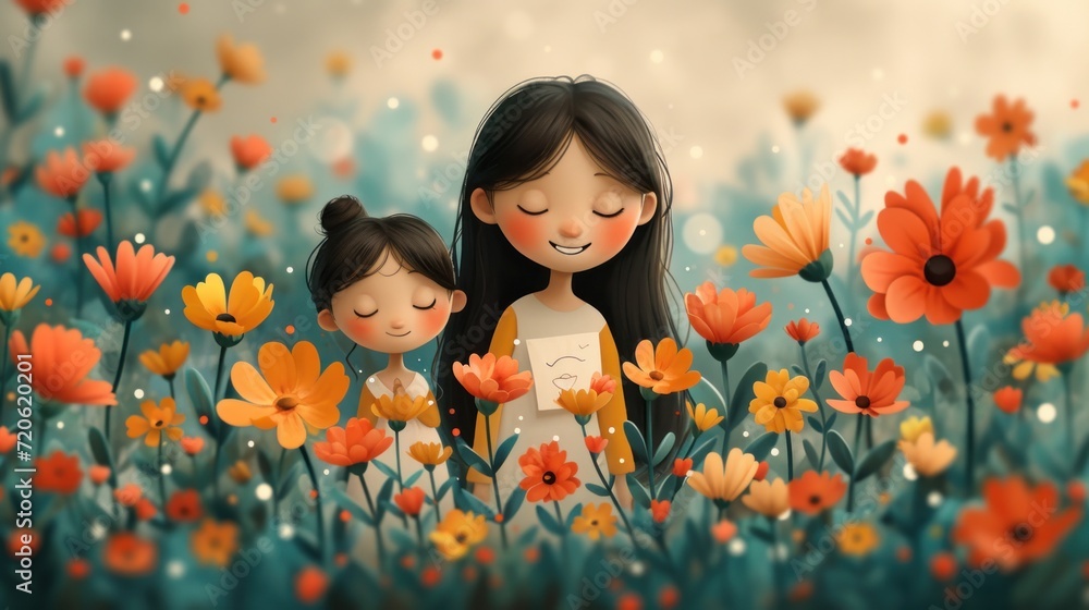  a painting of a mother and her daughter in a field of flowers with flowers in the foreground and a sky in the background, with clouds in the background.