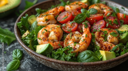  a salad with shrimp, tomatoes, avocado, and spinach in a brown bowl on a black surface next to sliced avocado and avocado.