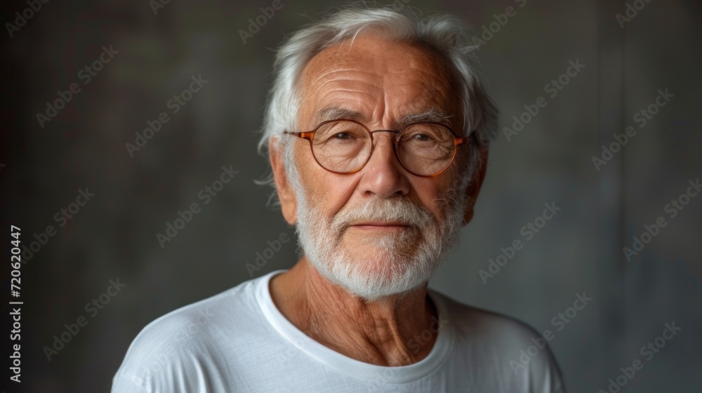  an older man with glasses and a white beard wearing a white t - shirt and standing in front of a dark background with a gray wall in the foreground. - obrazy, fototapety, plakaty 