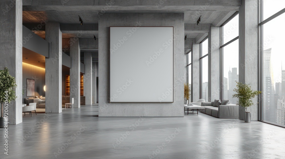 an empty room with large windows, a couch, and a large poster in the center of the room with a view of the city from the other side of the room. an empty room with large windows, a couch, and a large poster in the center of the room with a view of the city from the other side of the room.