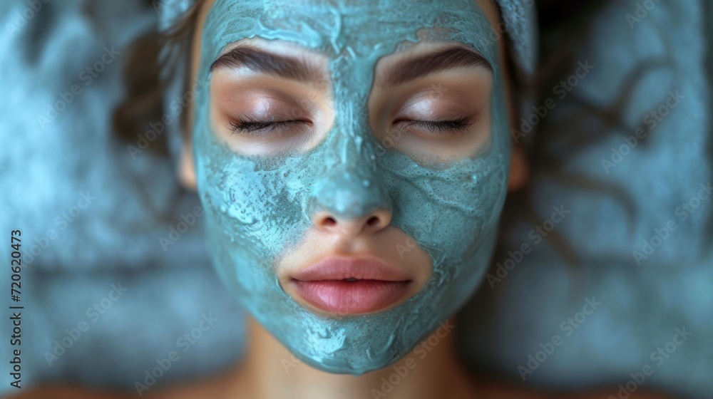 a close up of a woman with a blue mask on her face and a blue towel on her head, with her eyes closed and her eyes closed and her eyes closed. a close up of a woman with a blue mask on her face and a blue towel on her head, with her eyes closed and her eyes closed and her eyes closed.